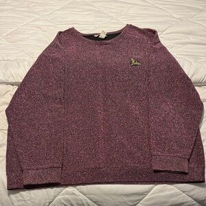H&M womens Sparkling Purple Crewneck Sweater shimmer tinsel bee brooch xl